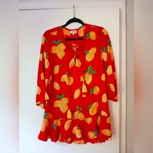 MudPie Red Lemon Vacation Spring Break Ruffle Flirty Mini Dress/Tunic/Coverup S